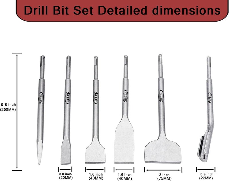 Regiis Tech 6 pcs SDS Plus Chisel Set, Masonry Concrete Drill Bit Set, Tile Removal Chisel Bits for Rotary Hammer with Point Flat Wide Inclined Grooving Scraping Scaling Removing Tile Thinset - Image 2